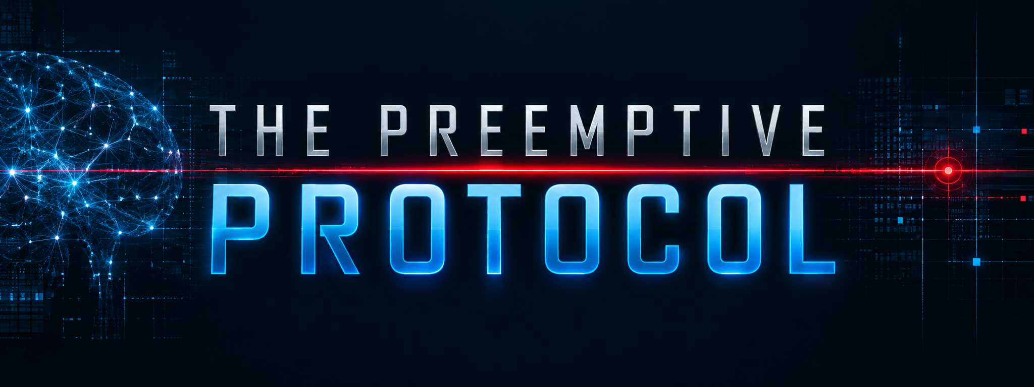 The Preemptive Protocol in silver and blue lettering, with a neural brain and red scanning line